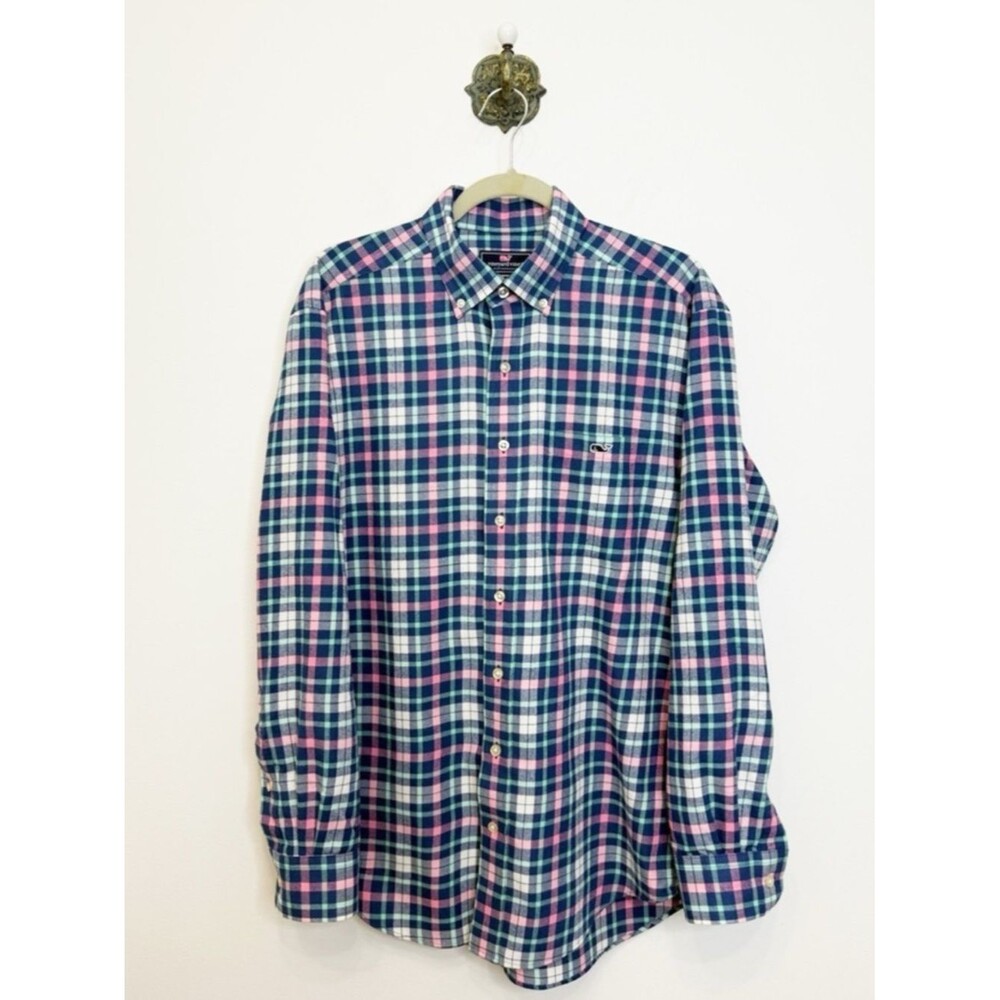 Vinyard Vines Performance Blue Pink Plaid Classic Fit Tucker Shirt Men's Medium